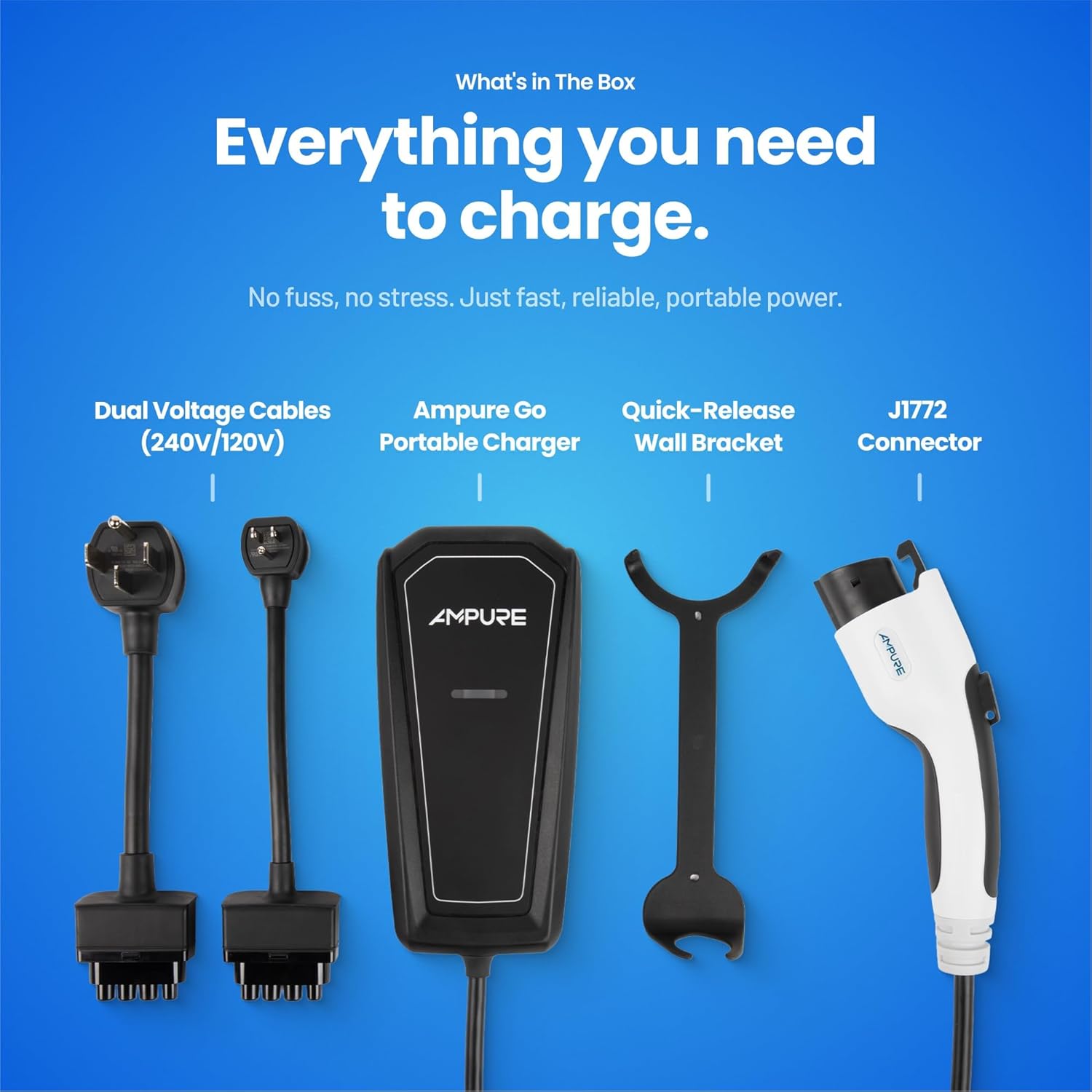 Contents of the AMPURE Portable EV Charger package including the charger unit, cables, and wall bracket.