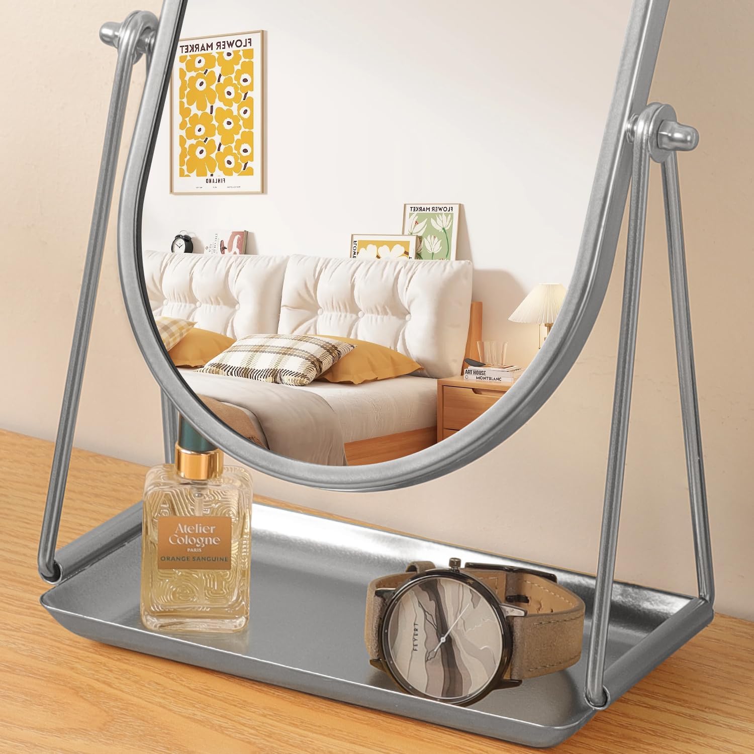Small Vanity Makeup Mirror for Desk with Metal Stand Tabletop Makeup Oval Mirrors 360 Degree Swivel Portable Cosmetic Mirror for Travel Bedroom, Office, Dresser, Countertop