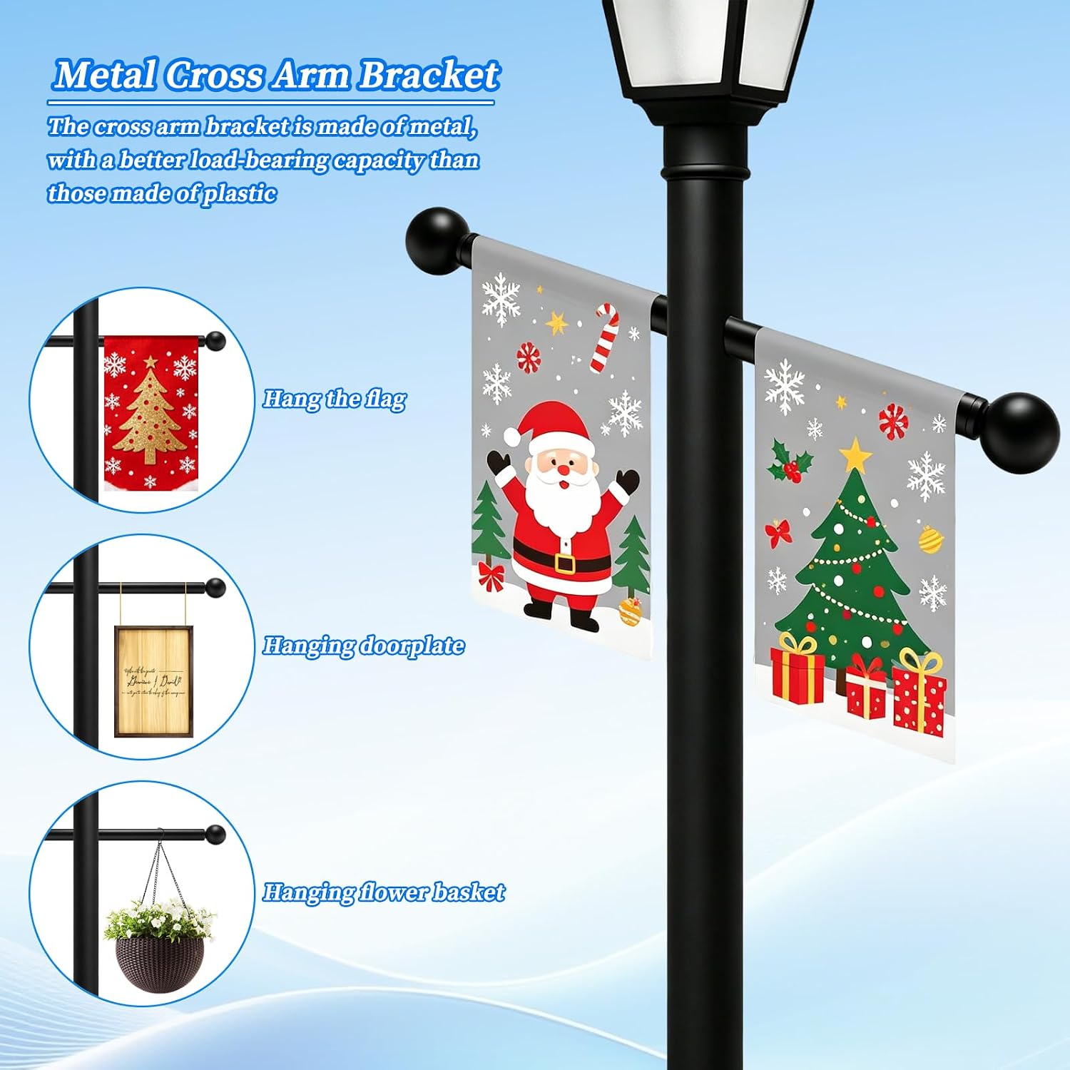 16 Inch Lamp Post Cross Arm Heavy Duty Metal Ladder Rest with Removable Knobs, Holds 25 lbs, Black Cross Arm Replacement for Outdoor Lamp Posts Pole Light
