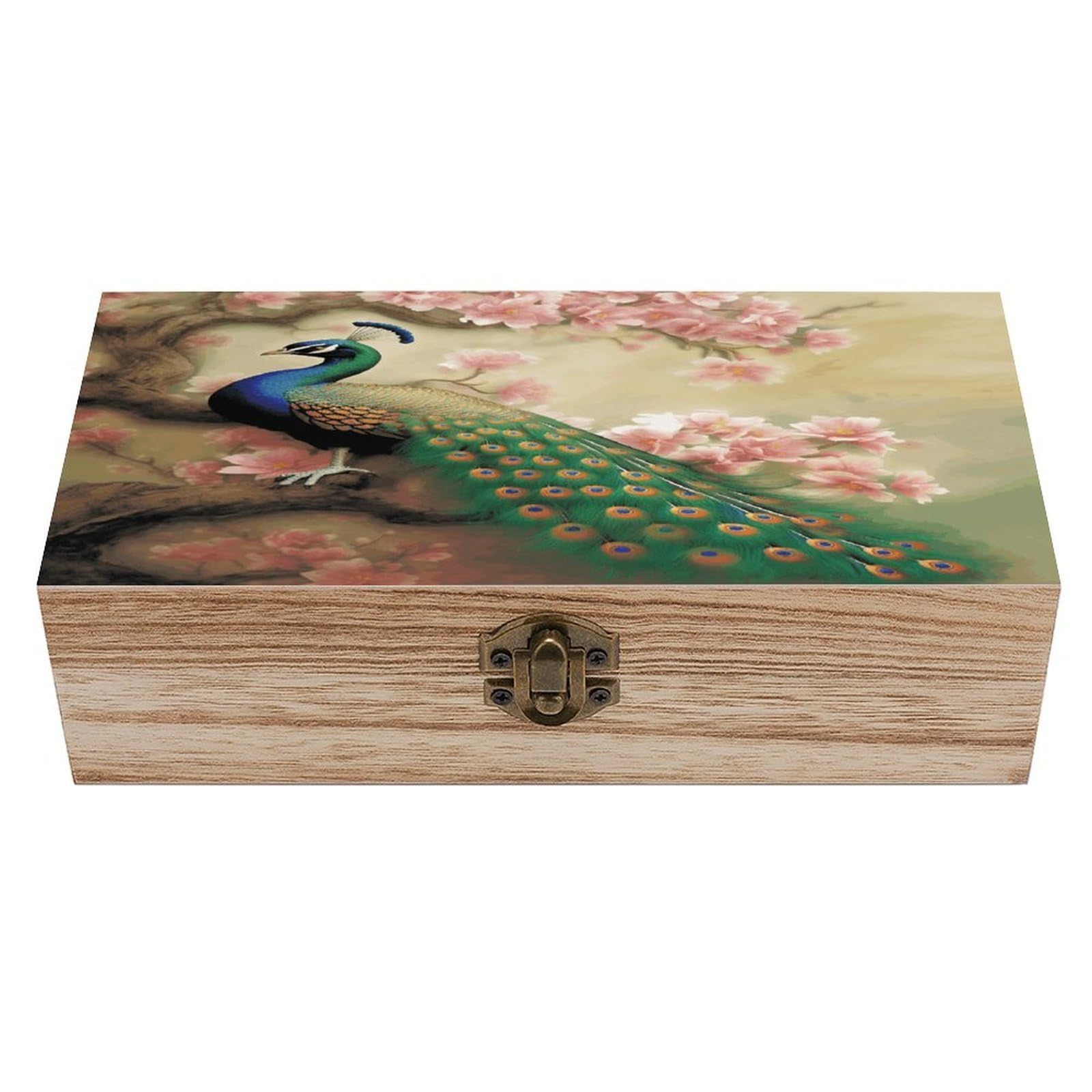 VstaDank Oriental Peacock on Flower Tree Wooden Storage Box with Hinged Lid Natural Wooden Box Beautifully Keepsake Boxes Vintage Wood Boxes Jewelry Organizer Trinket Storage Chest Unique Gift