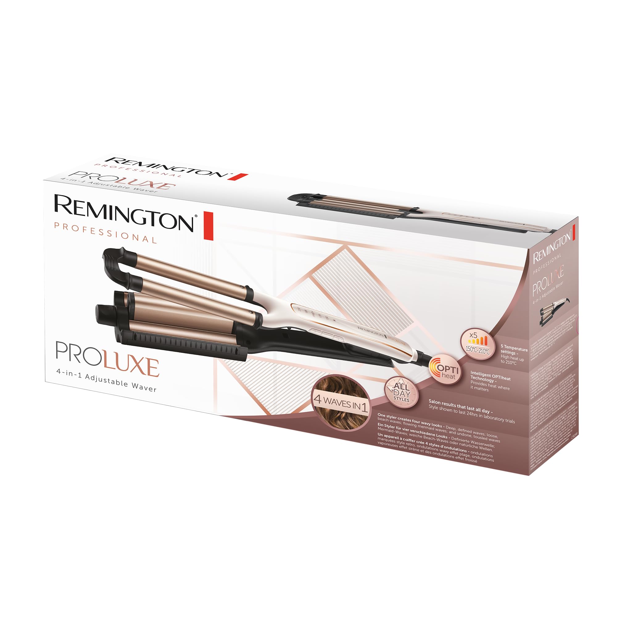 Remington Rizador Pelo Ondas [4 en 1: 4 tipos de ondas] PROluxe (Tecnología OPTIHeat, peinados duraderos, cerámica, 5 temperaturas hasta 210°C, ajuste Pro+, digital, calentamiento 30s) CI91AW