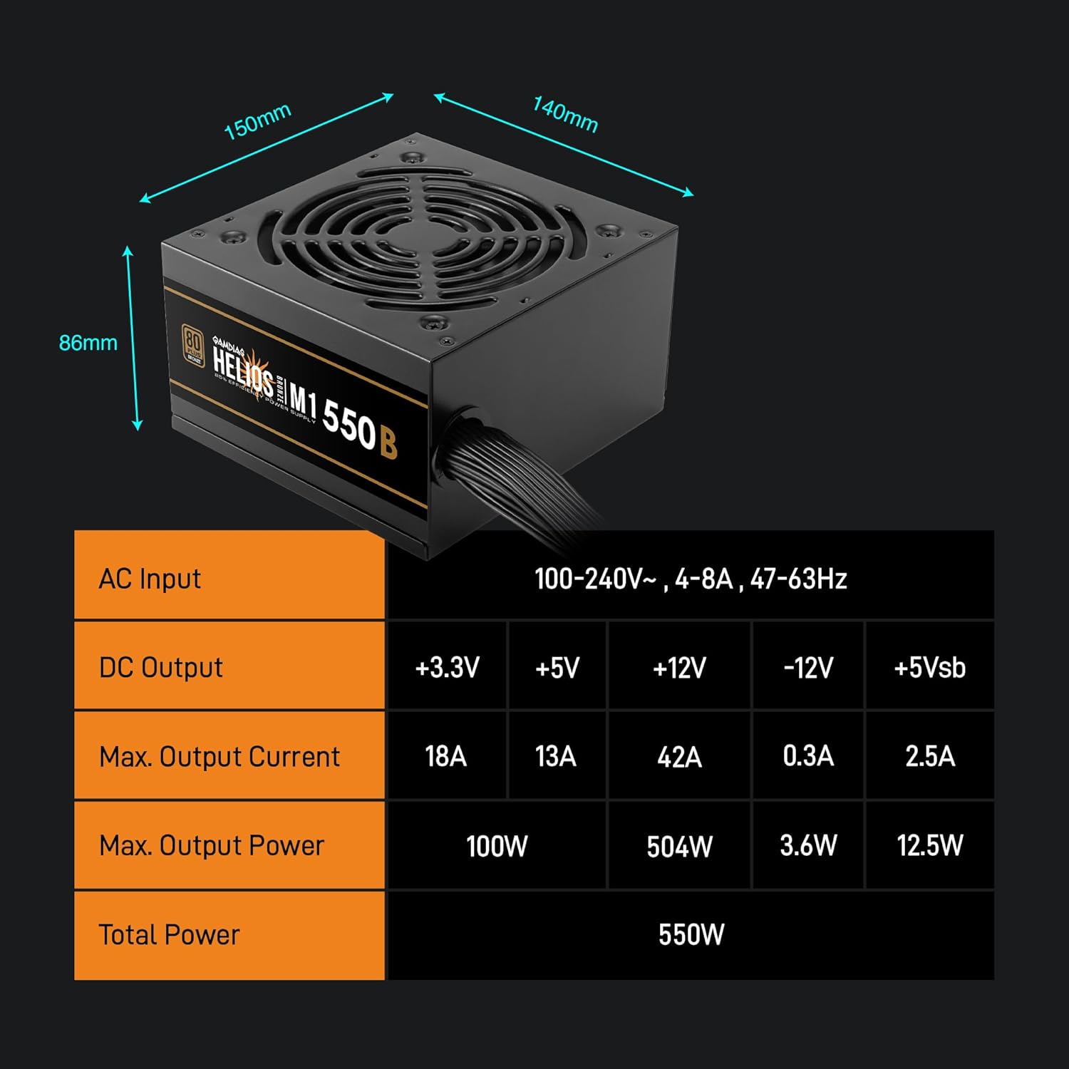 GAMDIAS 550W Gaming PC PSU, 80 Plus ATX Bronze 12V Power Supply for PC Computers with Active PFC, Helios M1-550B