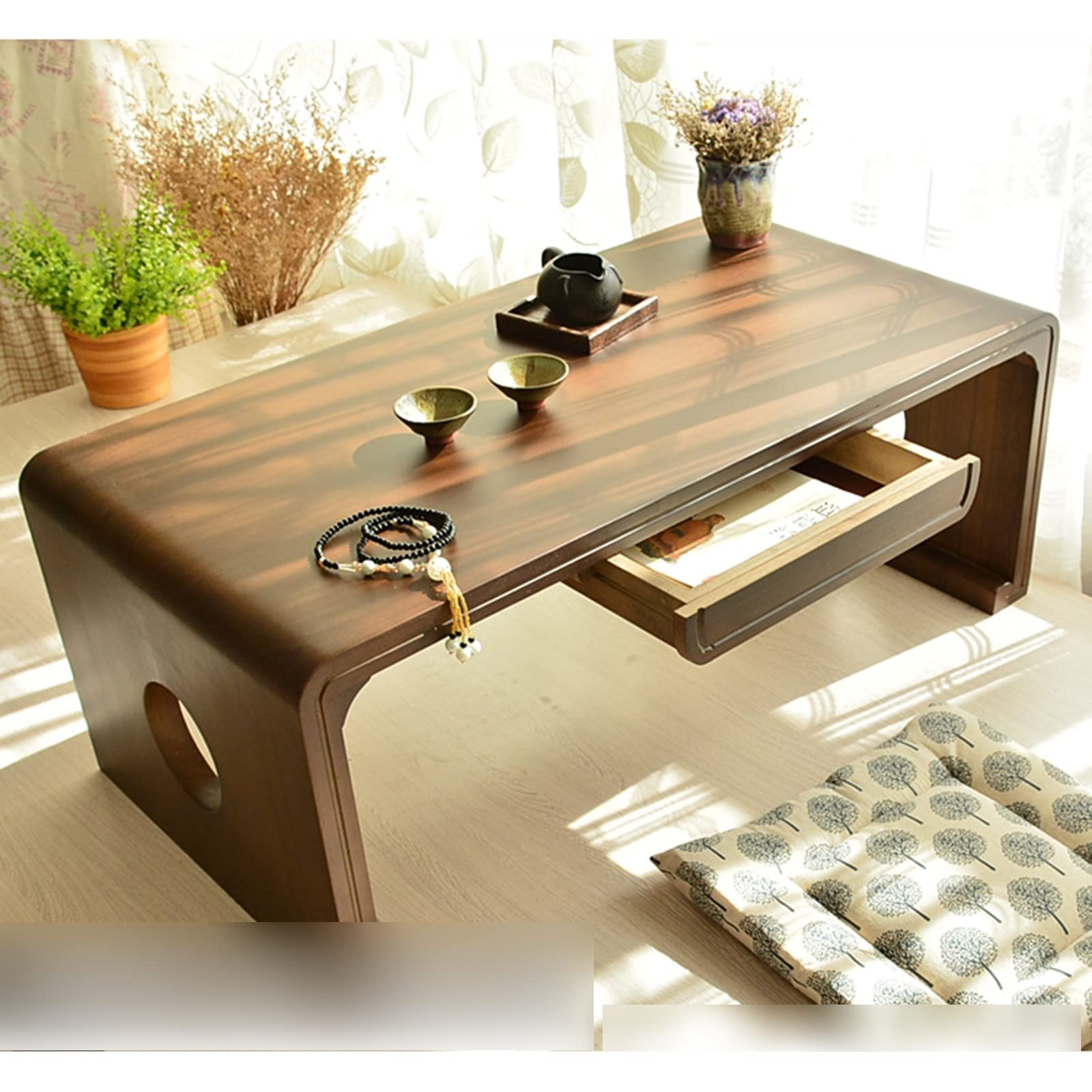 Table basse en bois Buraki à tiroirs style tatami japonais de dimensions 50x40x30 cm