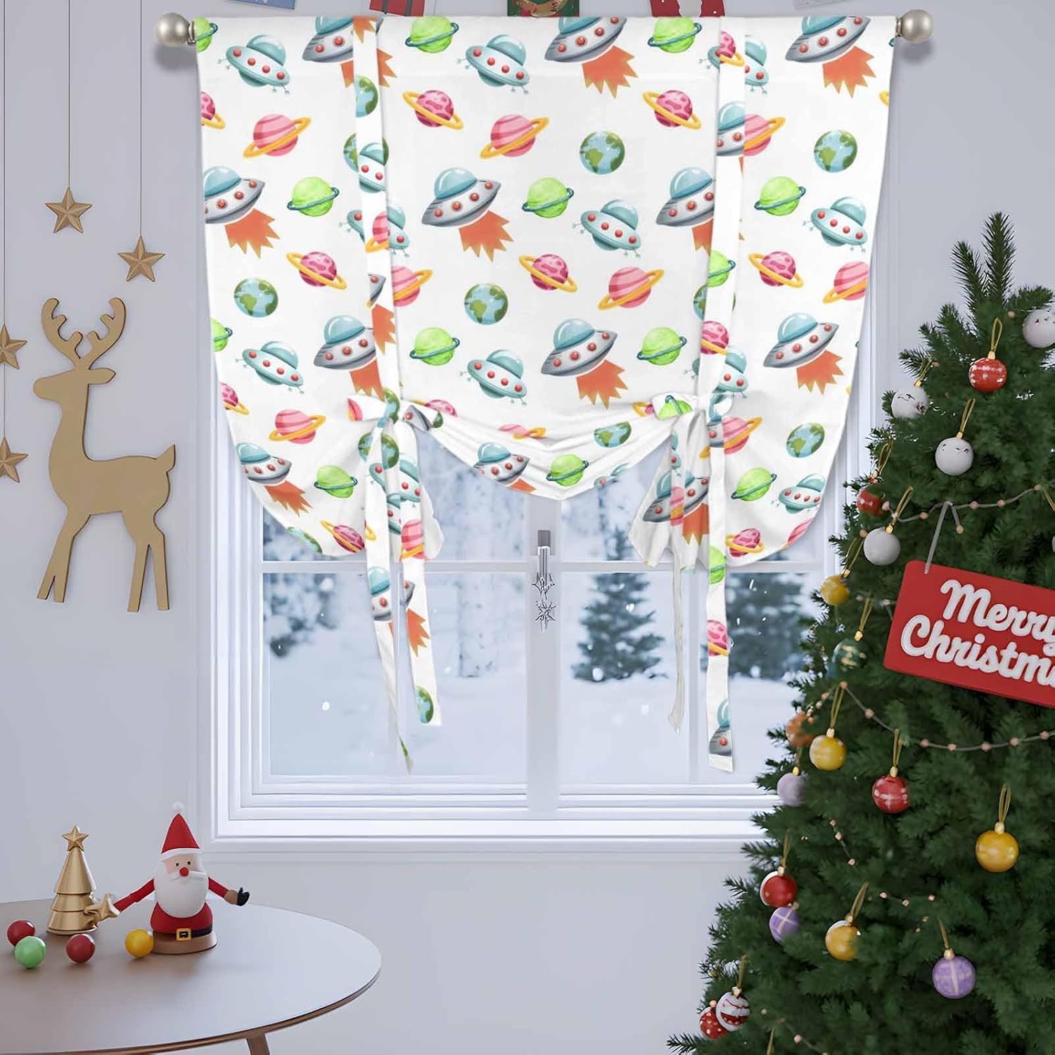 Colorful Spaceship Tie Up Curtains for Windows 63 Inch Length Balloon Curtains Kitchen Adjustable Balloon Window Shade Watercolor Cartoon Modern Abstract Art Tie Up Bathroom Curtain Window 52"x63"