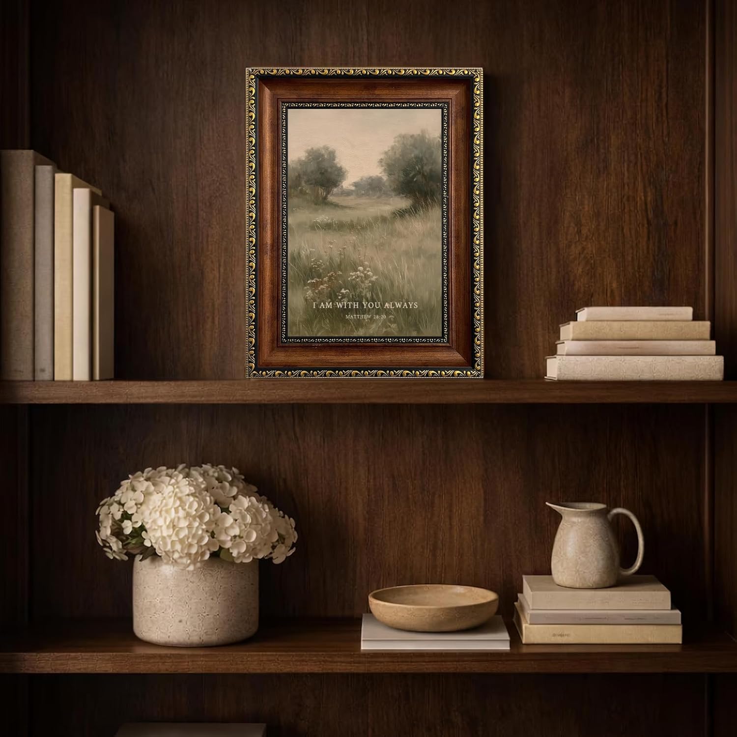 Framed Christian Landscape Canvas Wall Art Bible Verse Scripture Nature Wall Decor Vintage Rustic Farmhouse Religious Poster Print for Bedroom Living Room Ready to Hang 12inx16in