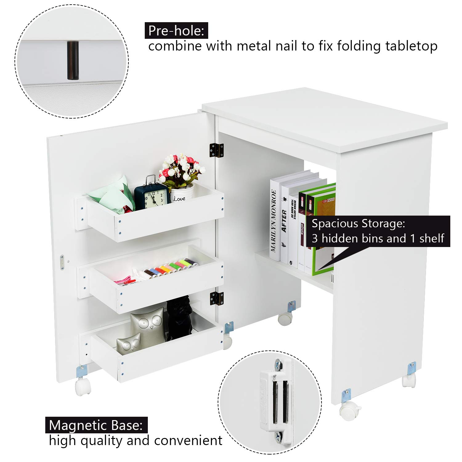 Sewing Machine Table, Folding Sewing Craft Table with Storage Shelves