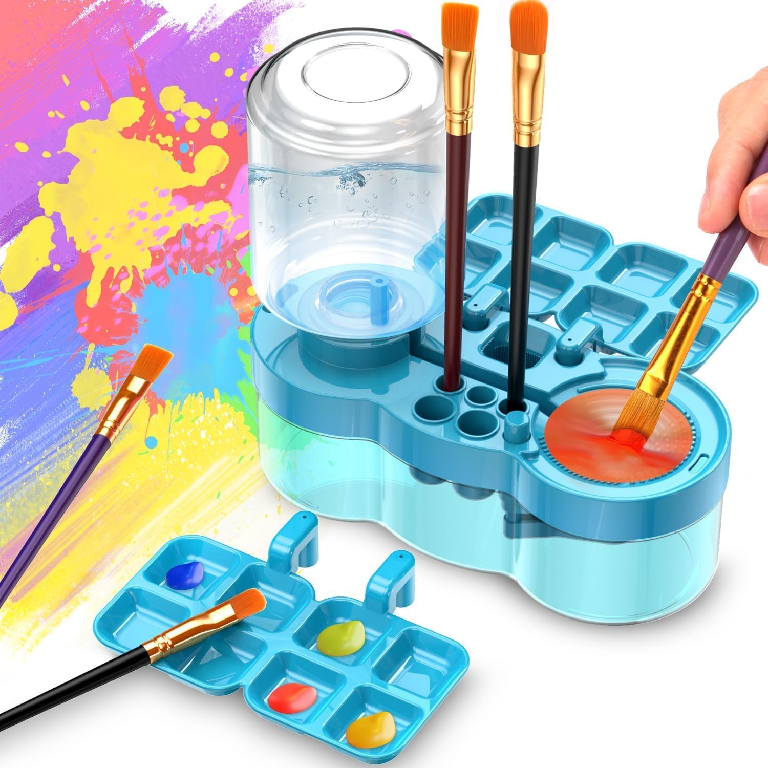 Paint Brush Cleaner with Paint Tray, 3-in-1 Water Circulation Rinser Paintbrush Cleaner with Drain & Brush Holder, Paint Palette, Paint Brush Washer,Multicolor-image-4