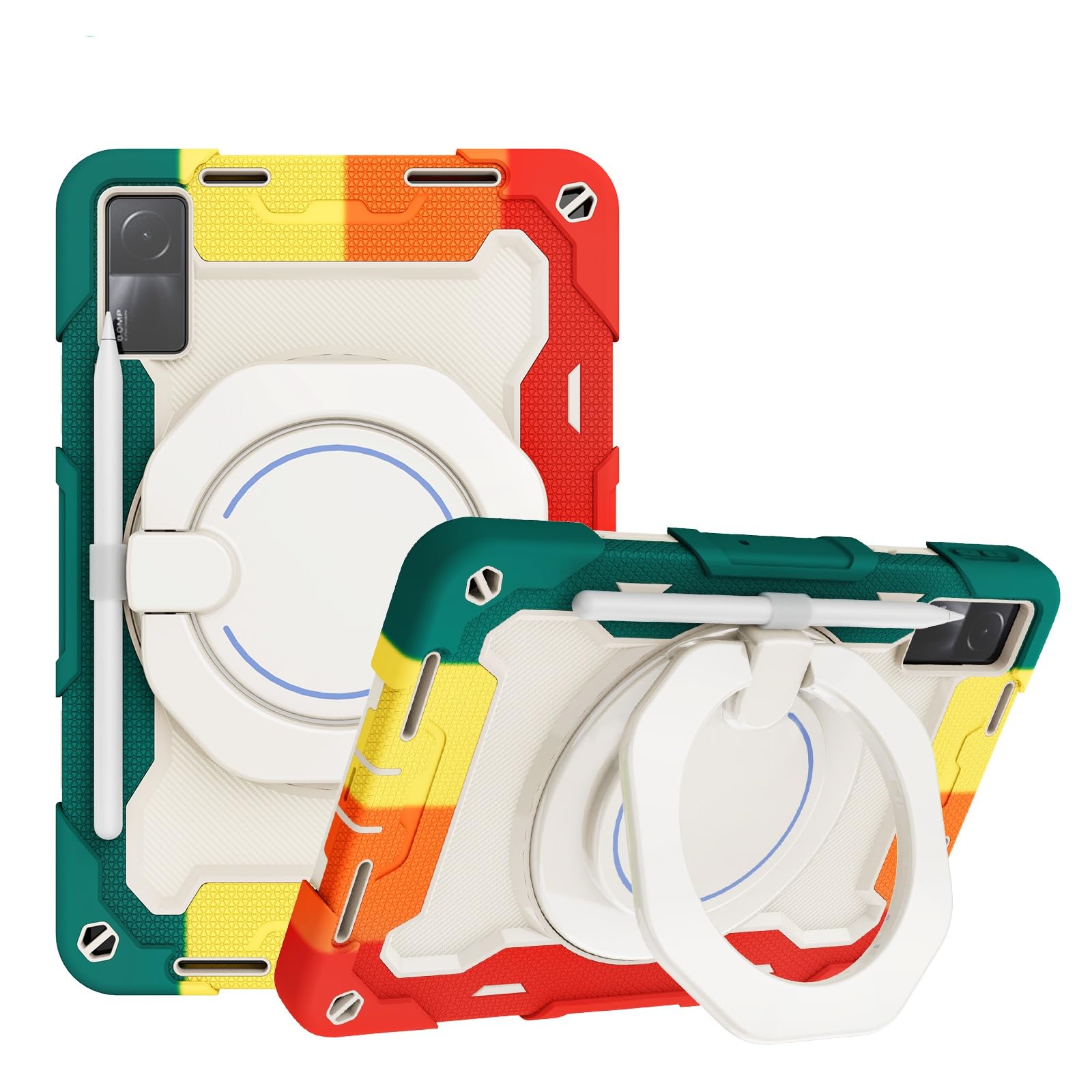 YIMICO case for Redmi Pad SE 11'' 2023 Military-Grade Silicone Cover,360°Rotating Stand+Shoulder Strap Shockproof Protective Cover for Kids Women Man (Rainbow Red, REDMI PAD SE)