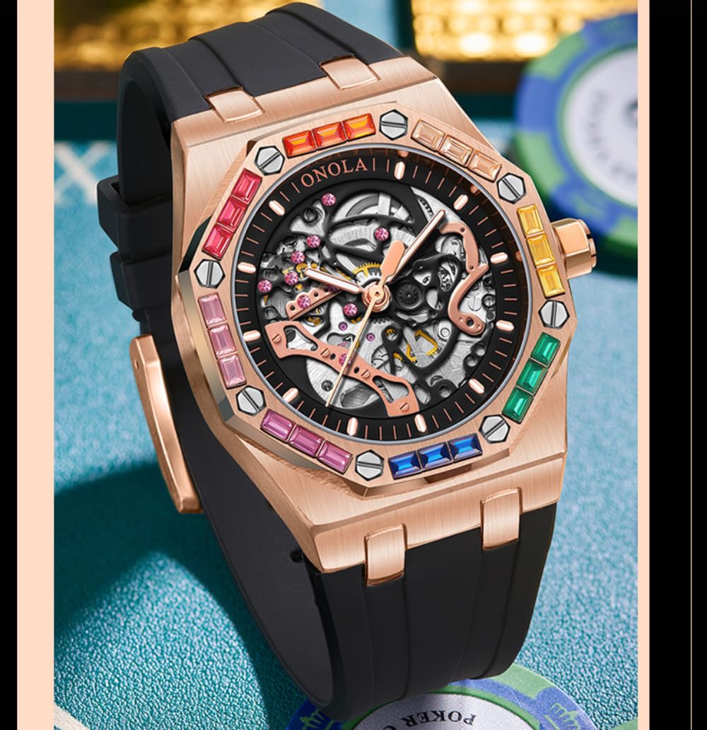 Reloj de pulsera para hombre, diseño de arco iris, con bisel de diamante, esqueleto hueco, automático, correa de silicona, impermeable, luminoso