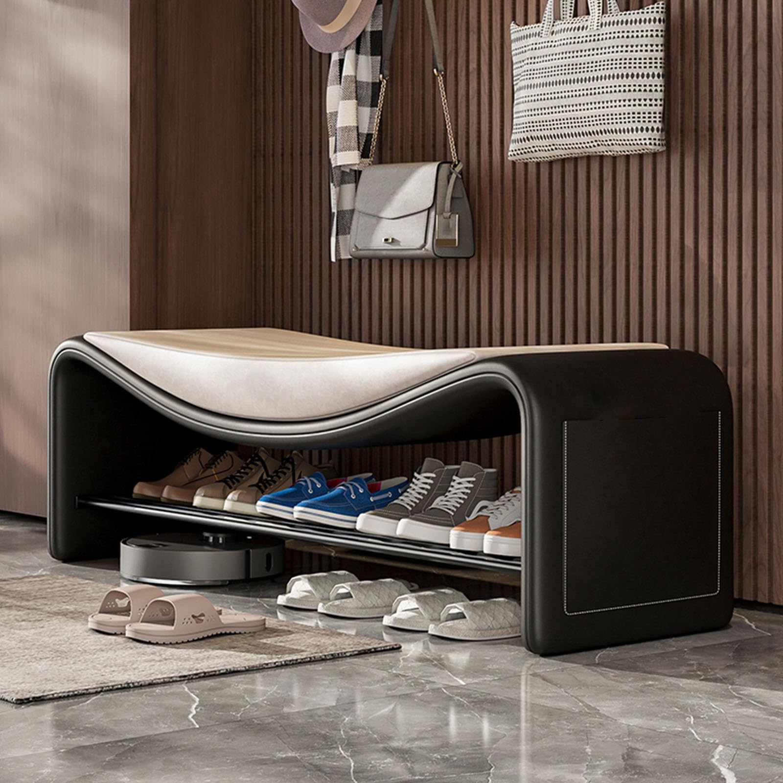 Banc à chaussures au design incurvé et assise confortable pour l'entrée