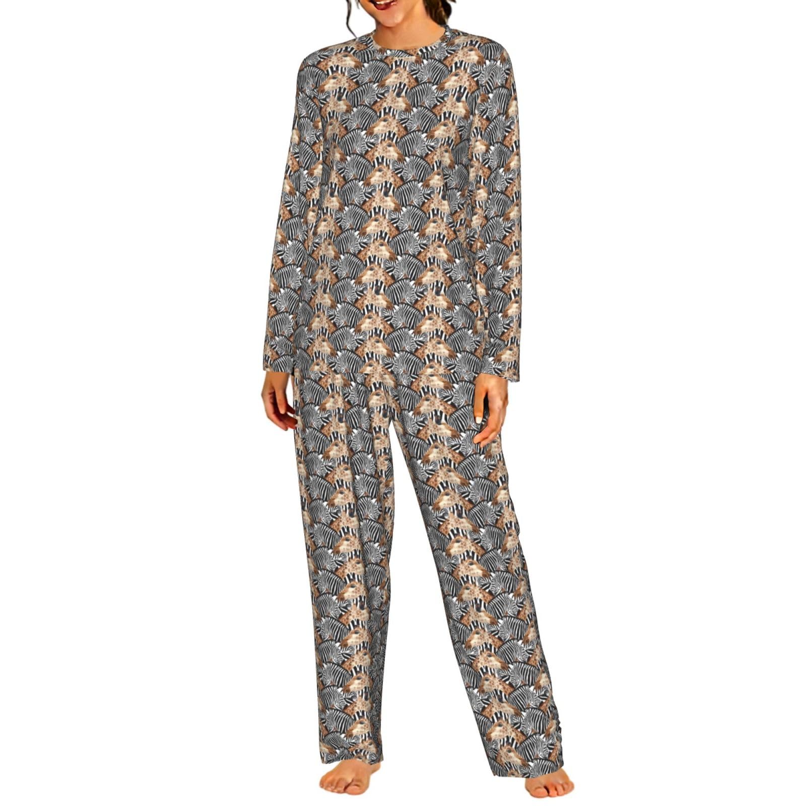 Pigiama da donna a maniche lunghe con stampa zebra e giraffa, morbido pigiama da spiaggia, vacanze, biancheria da notte, regalo casual