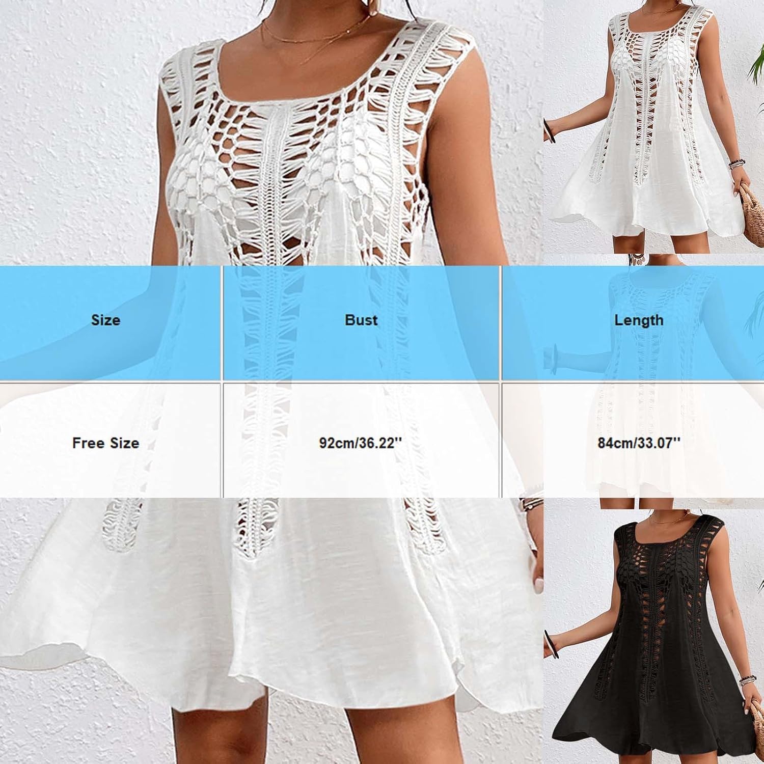 Womens Swimsuit Coverup Sleeveless Hollow Out Bathing Suit Cover-Ups Swimwear Beach Mini Dress Summer Vacation Outfit