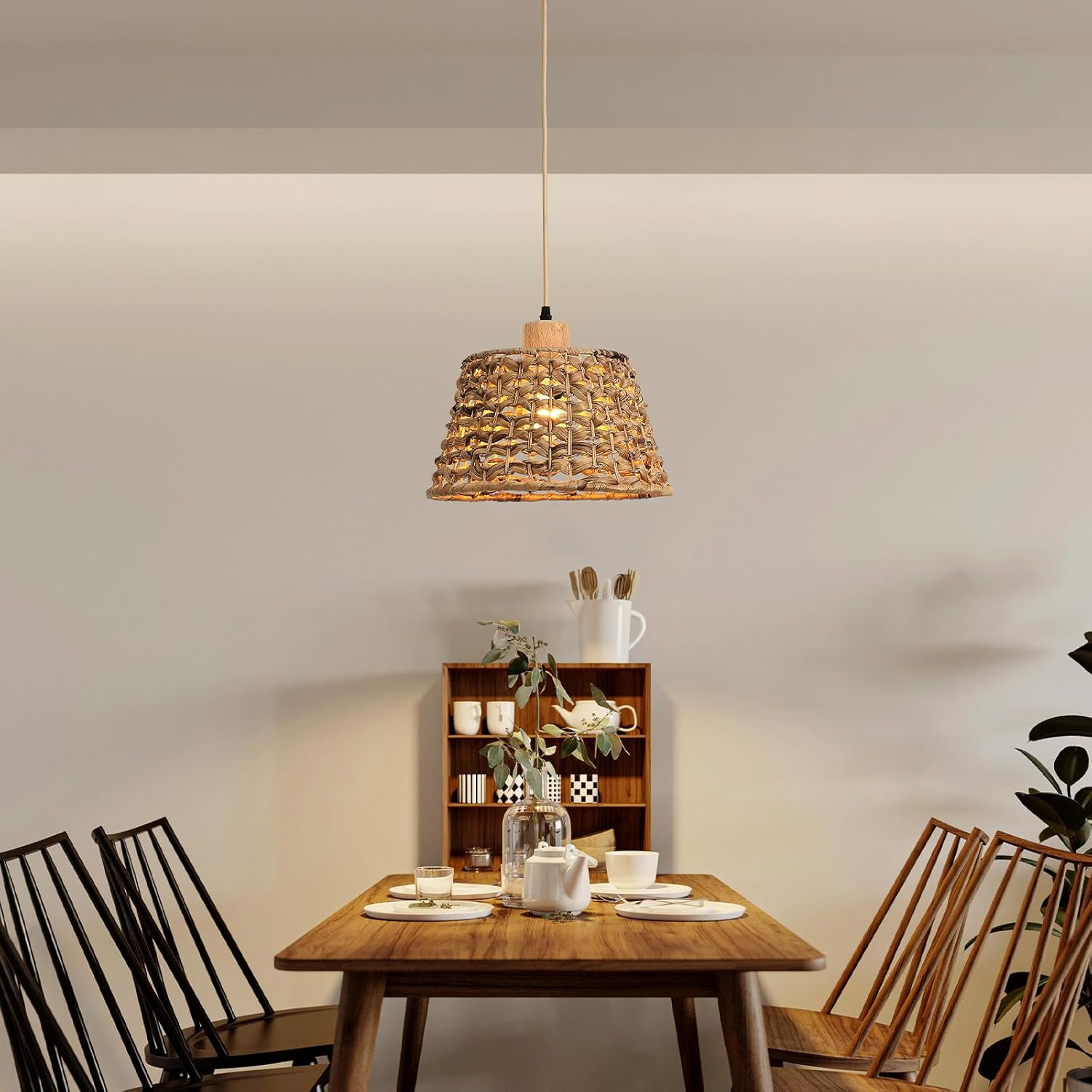 Rattan Boho Pendant Light, 12" 1-Light Hand-Woven Wicker Pendant Light with Water Hyacinth Shade, Natural Coastal Cone Hanging Light for Kitchen Island Sink Dining Room