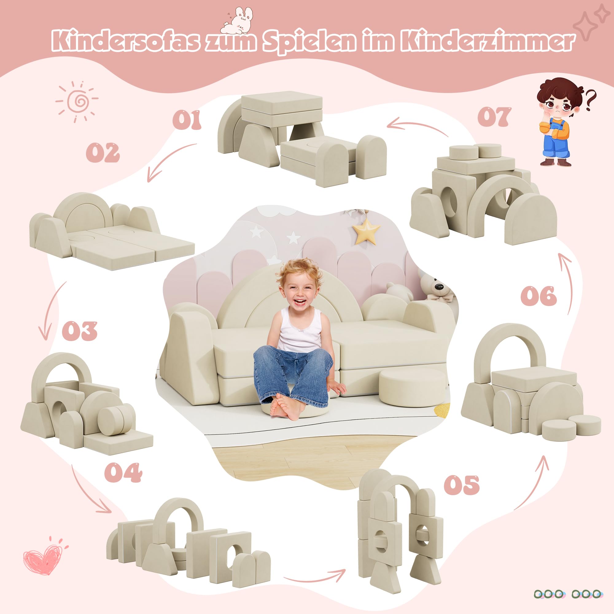 NACHES Spielsofa für Kinder, Modulares Kindersofa aus Schaumstoff, Kord, Kindercouch waschbar, Schlafsofa für Kinderzimmer (Beige, 2-Sitzer)