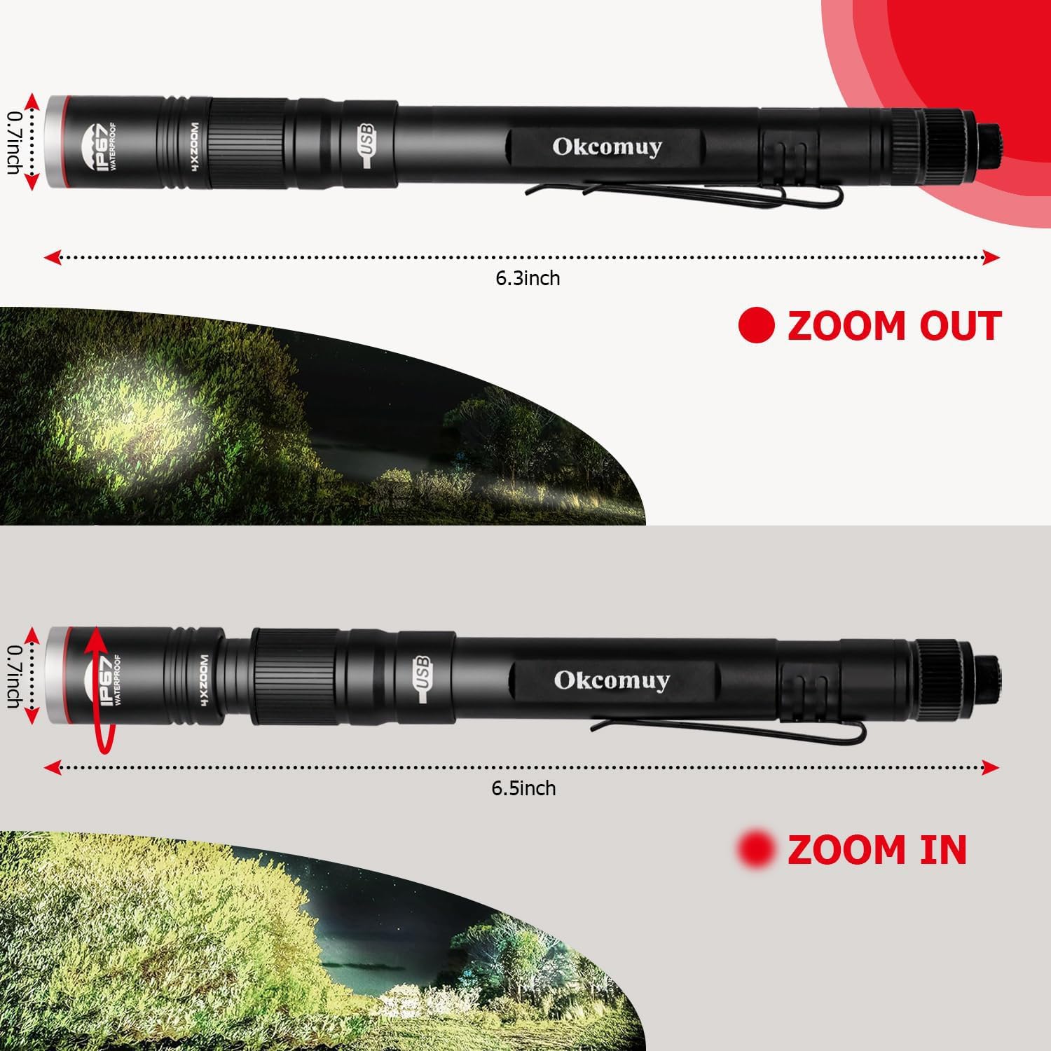 okcomuy Rechargeable LED Pen Light Flashlight,300 Lumens IP67 Waterproof with Pocket Clip 4-Zoomable| 3 Modes, Prefect Pocket Small Flashlight for Inspection,Work,Repair,Camping thumbnail