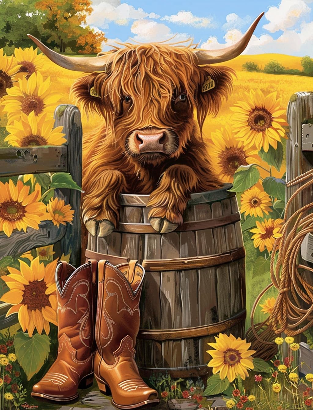 Highland Cow Sunflower 1000 Pieces Puzzle for Adults Educational Intellectual Jigsaw Puzzle,Funny Animals fantasy puzzles for adults Fun Game 20 * 28.8 inch