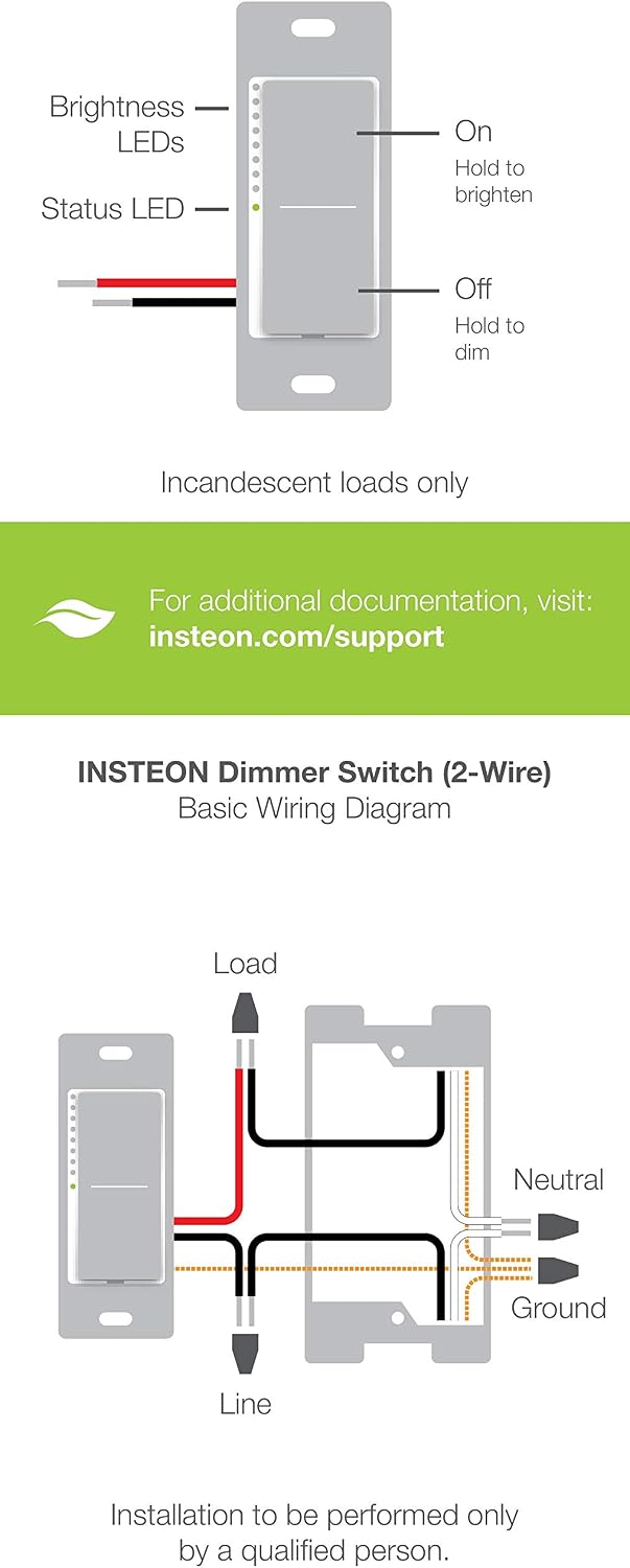 Insteon Smart 2-Wire Dimmer Wall Switch, Incandescent/Halogen Bulbs Only, No Neutral Required, 2474DWH (White) - Insteon Hub required for voice control with Alexa & Google Assistant