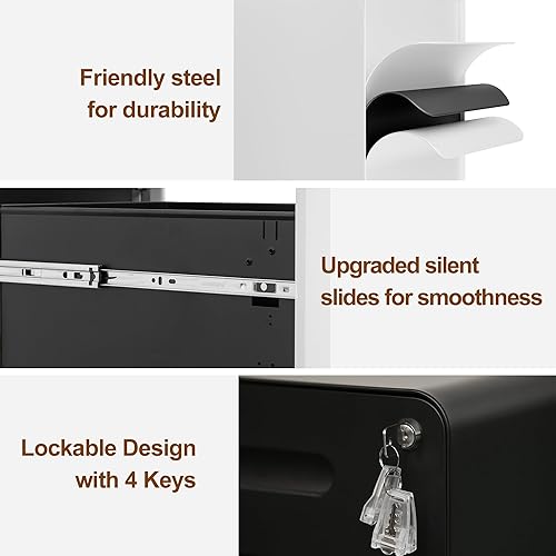 Miniatura 4 de Archivador de 2 cajones con cerradura y 4 llaves, archivador móvil de metal, archivadores para oficina en casa, debajo del escritorio, premontaje,