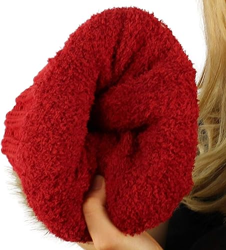 Miniatura 4 de C.C - Gorra de invierno sherpa con forro polar de punto grueso y elástico con pompones, Rojo sólido, talla única
