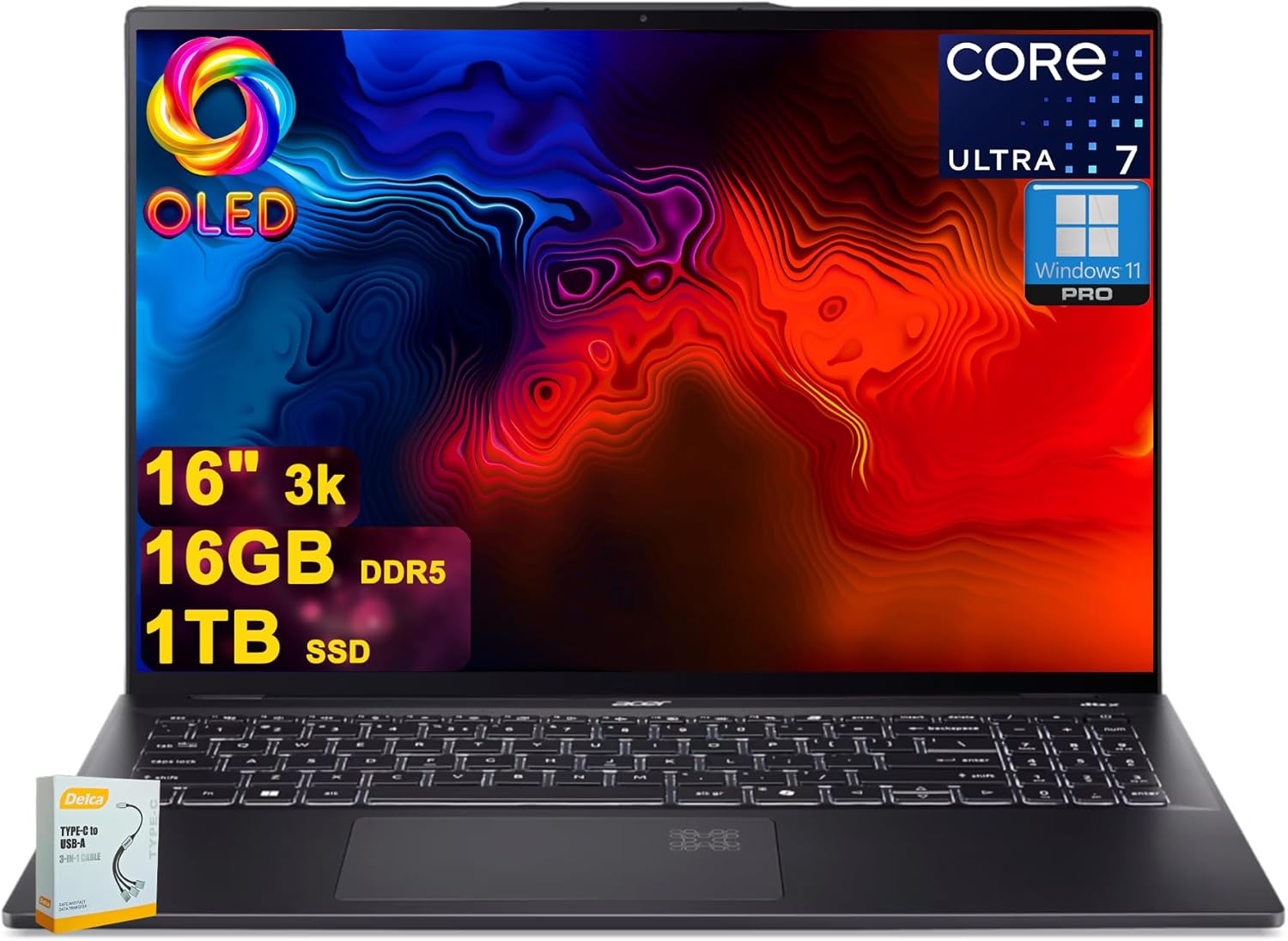 acer Swift 16 AI Copilot+ Laptop | 16″ 3k OLED Touch 100% DCI-P3 | Intel 8-core Ultra 7 Series 2 256V Up to 47 Tops | 16GB DDR5 1TB SSD | Backlit Fingerprint QHD IR Camera Win11Pro w/DLCA Accessory