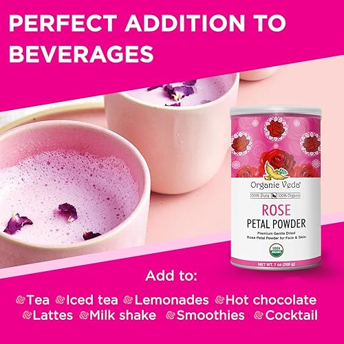Miniatura 5 de Organic Veda Polvo de pétalo de rosa comestible  Polvo de pétalo de rosa orgánico para cocinar, té de hierbas, batidos, coberturas  Polvo de pétalo