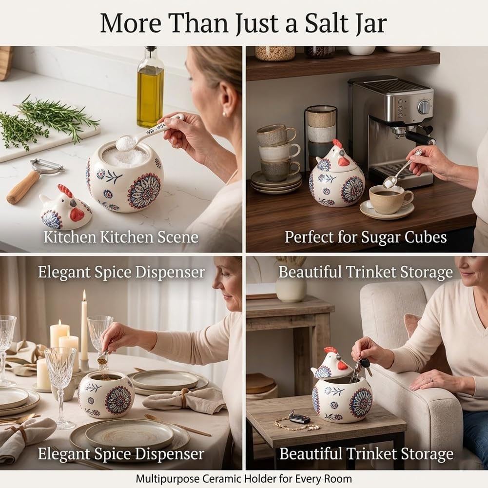 Ceramic Salt Cellar with Lid Chicken Decor Pepper Container Spoon Jar Spice Holder Sugar Bowl Kitchen Countertop Sea Pinch Pot Rooster Shaped Marble Set Small Stone Storage Containers