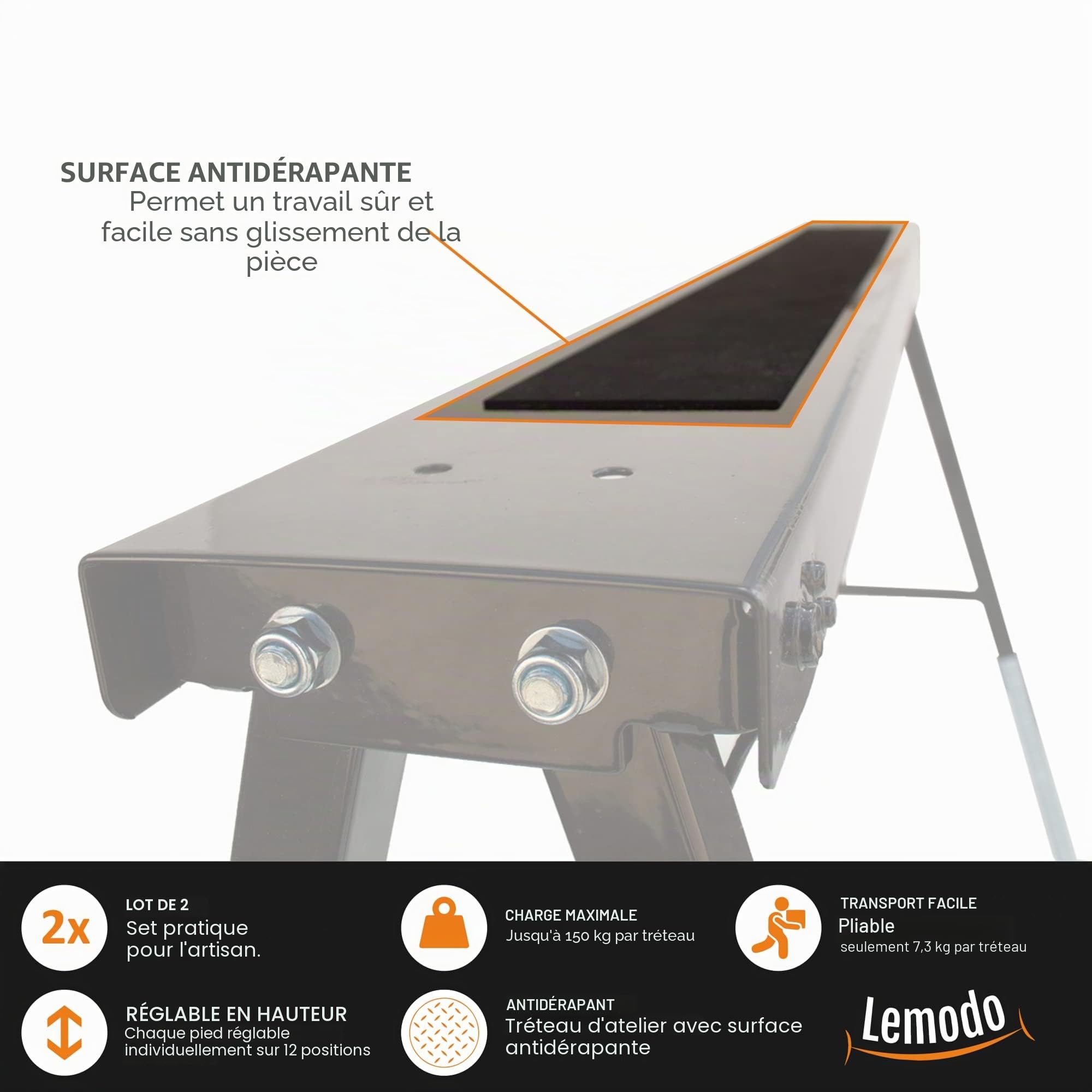 Lemodo Lot de 2 tréteaux de travail réglables en hauteur - Avec poignée de transport pratique - Capacité de charge de 150 kg et support antidérapant