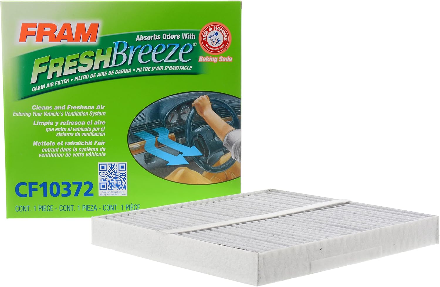 FRAM Fresh Breeze Cabin Air Filter Replacement for Car Passenger Compartment w/ Arm and Hammer Baking Soda, Easy Install, CF10372 for Mazda Vehicles , white