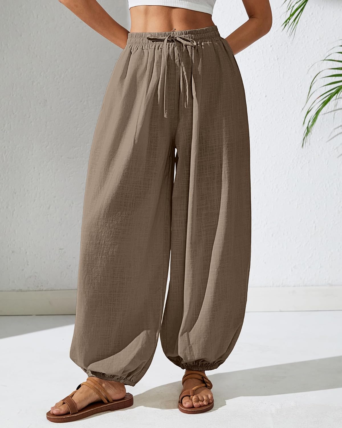 Bsubseach Womens Cotton Harem Pants Elastic Waist Baggy Pant Drawstring Balloon Trouser Loose Beach Pants with Pockets - Image 2