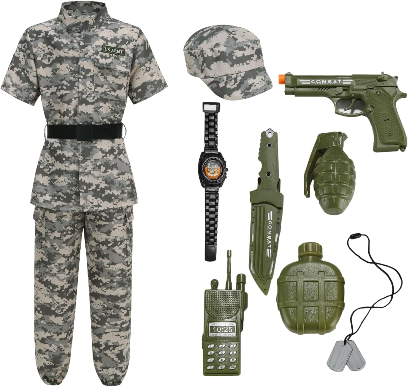 GRAJTCIN Kids Army Costume Long sleeve Halloween Party Military Soldier Dress Up Boys Costume for 4-14Y 11 PCS