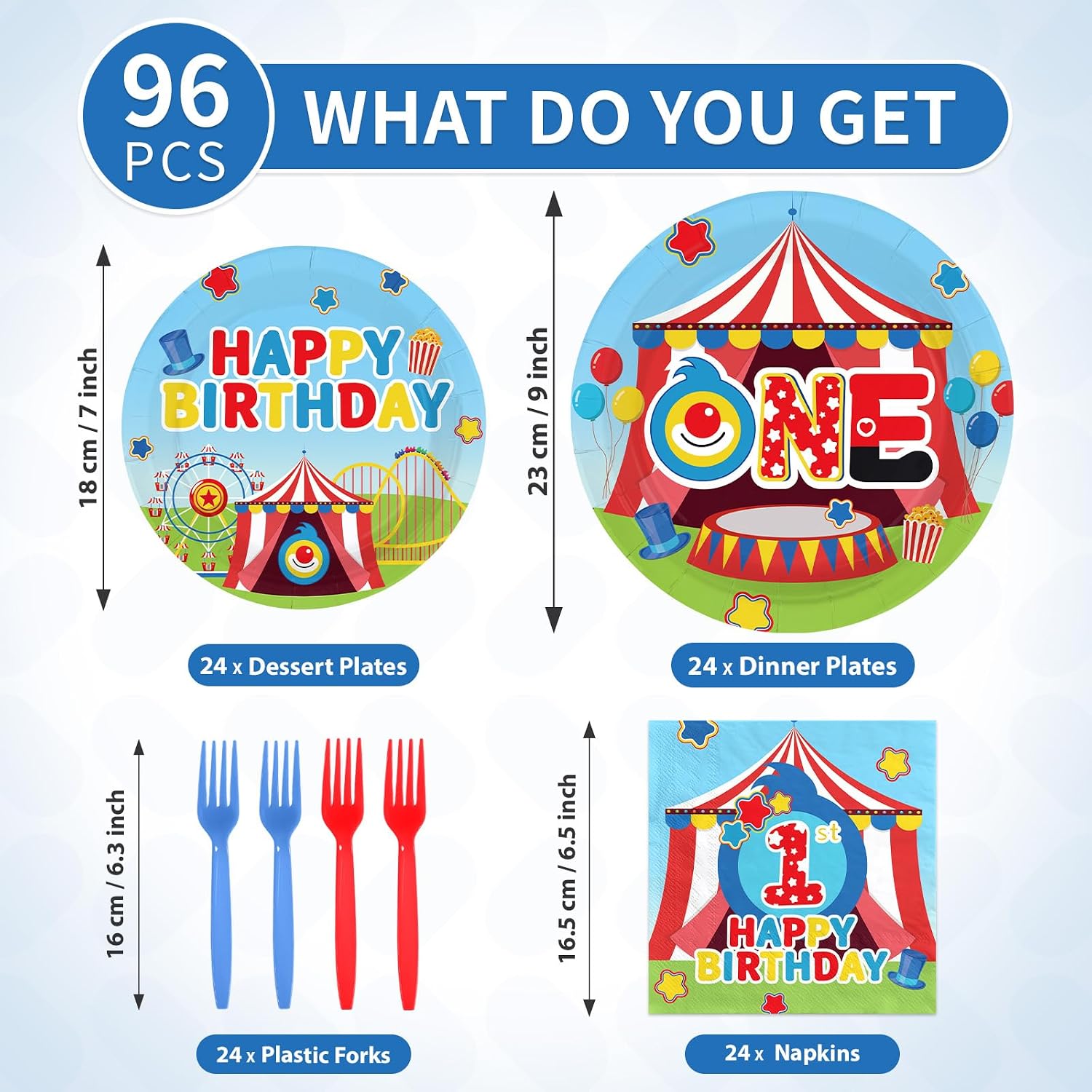 96Pcs Carnival Circus 1st Birthday Party Decorations Circus Clown Plates and Napkins Disposable Cartoon Tableware Set for Boys Girls One Year Old Birthday Baby Shower Party Supplies Serves 24