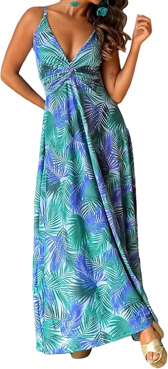 Womens Summer Spaghetti Strap Dress Floral V Neck Sleeveless Maxi Dress Beach Flowy Long Dress A-Line Party Sundress