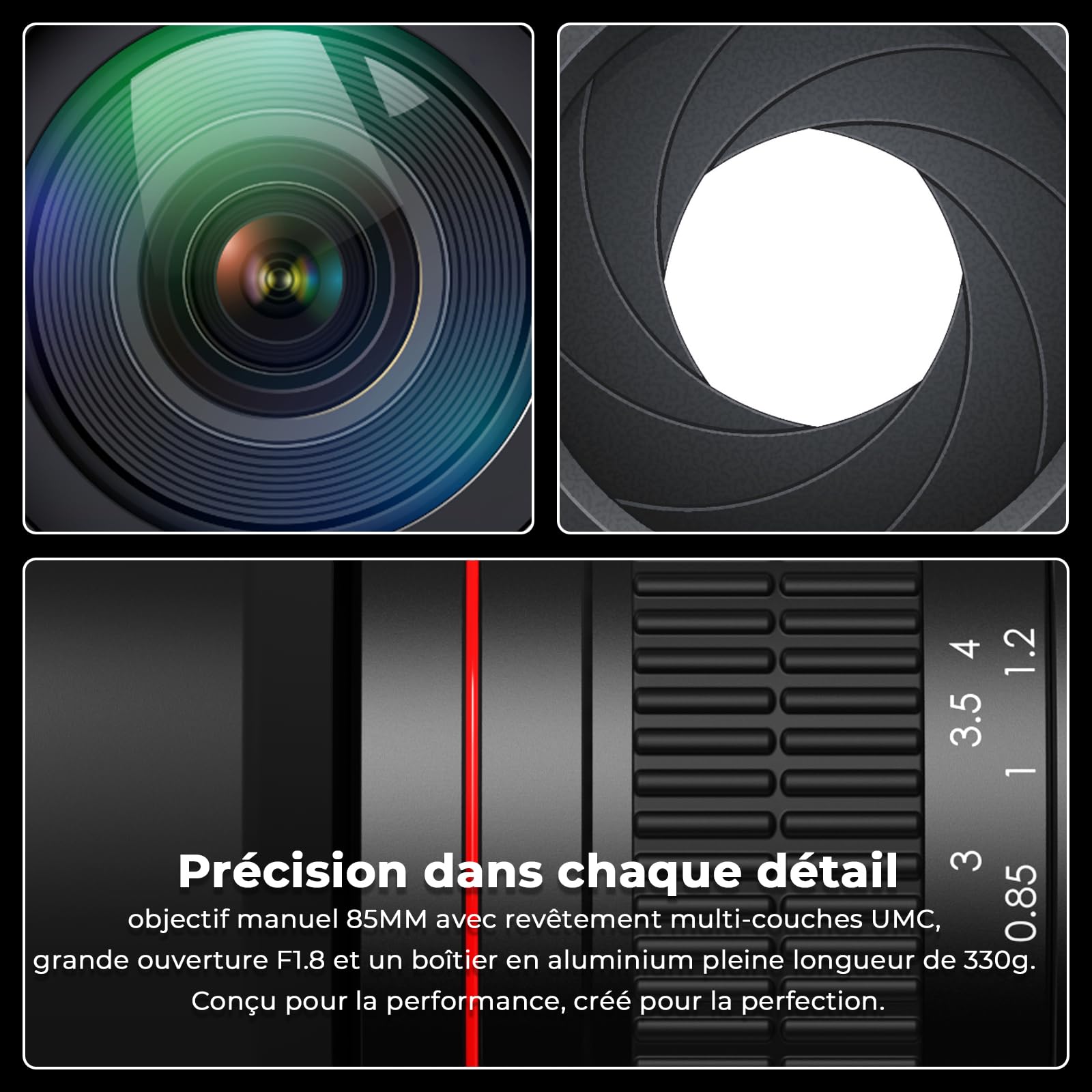 Lightdow EF Objectif 85mm F1.8 Manuel, Plein Format, Compatible Canon EF EF-S, Idéal pour Portrait, Mise au Point Manuelle, Corps en Métal pour Canon EOS 90D 7D 6D 5D Mark II/III/IV, Rebel T7 et Plus