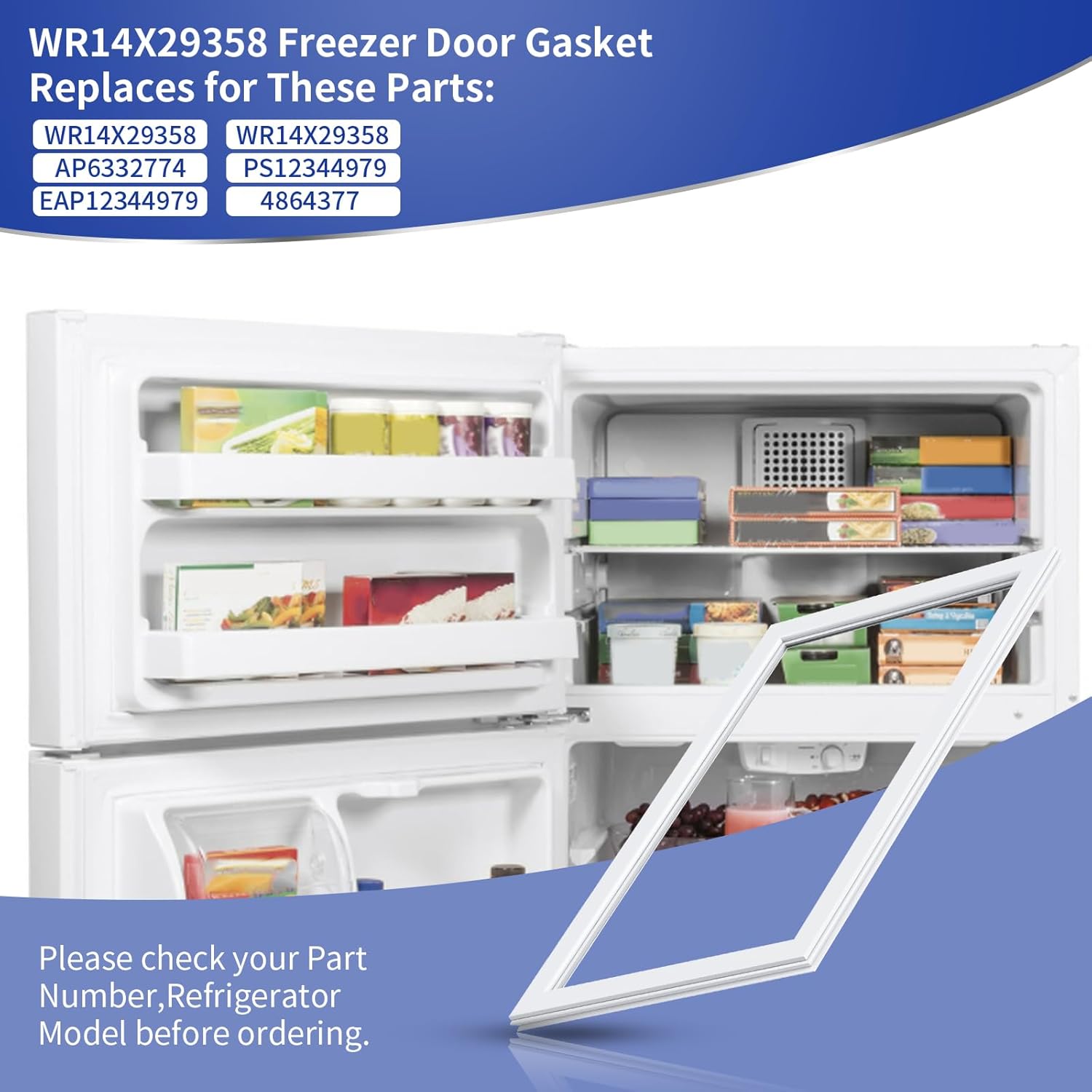 WR14X29358 Refrigerator Door Gasket Seal, Freezer Door Seal Compatible with Specific Models GTE18CTHLRCC GTE18LGHLRWW HPS15BTHMRCC HPS18BTHNRWW