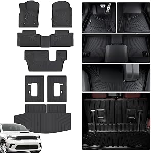 Floor Liners & Cargo Liners & Backrest Mat for 2016-2025 2026 Dodge Durango 7 Seats-2 Row Bench Seat,TPE All Weather Protection Car Floor Mats with Trunk Mat Covering The Backrest