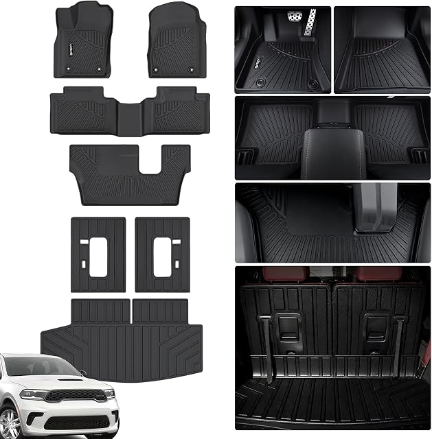 Floor Liners & Cargo Liners & Backrest Mat for 2016-2025 2026 Dodge Durango 7 Seats-2 Row Bench Seat,TPE All Weather Protection Car Floor Mats with Trunk Mat Covering The Backrest