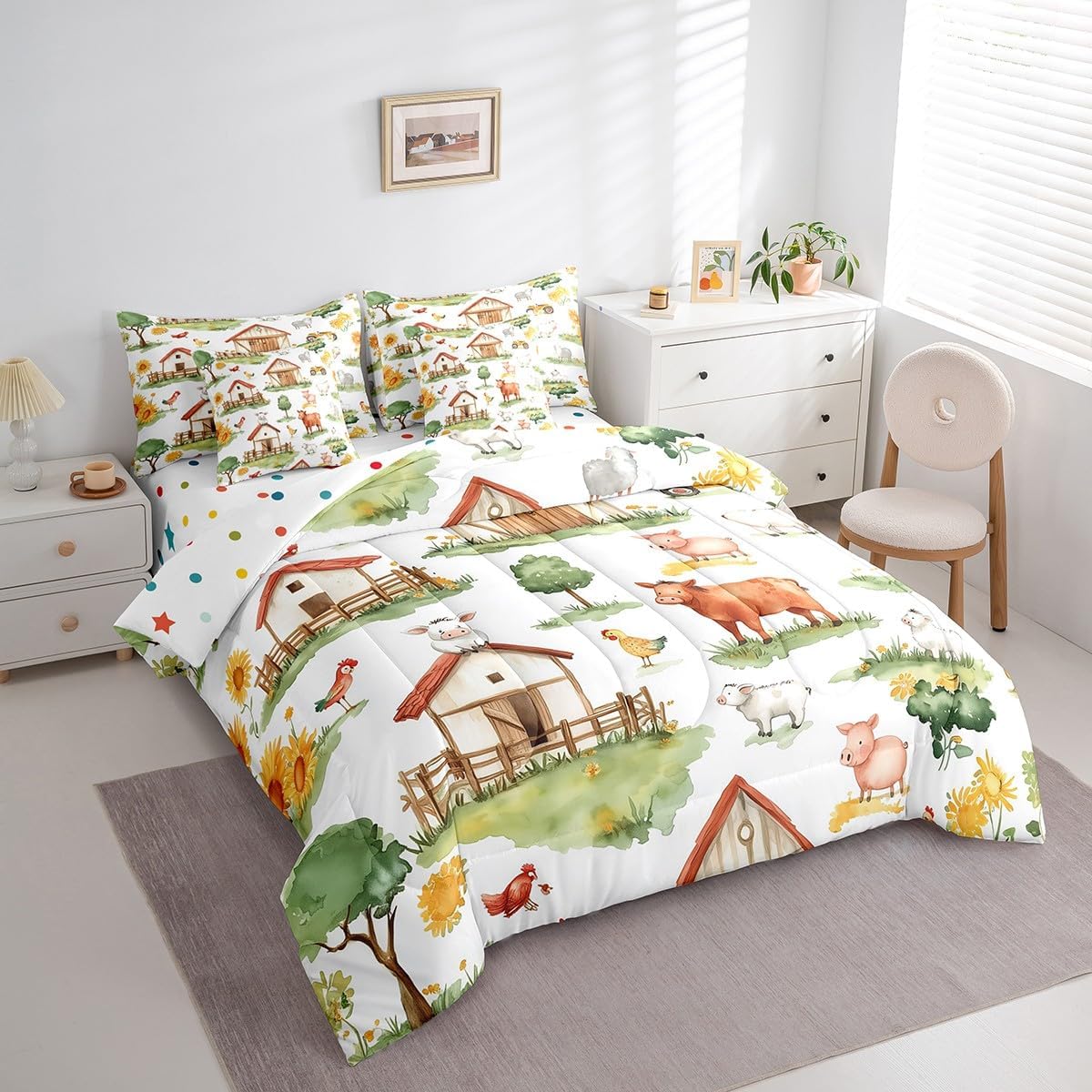 Feelyou Kids Cute Pig Cow 7 Pieces Bedding Set Full Size, Farm Animal Bed in A Bag Boys Girls Cartoon Farm Nursery Comforter Set with Sheets Rustic Farmhouse Teens Bed Set Bedroom Decor 7Pcs