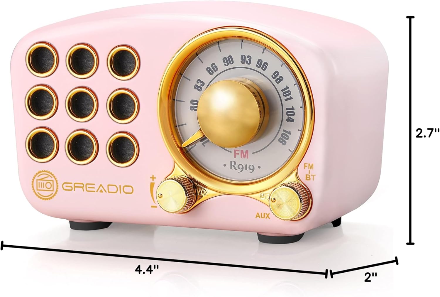 Greadio Retro Bluetooth Speaker with dimensions labeled: 4.4 inches length, 2.7 inches height, 2 inches width.