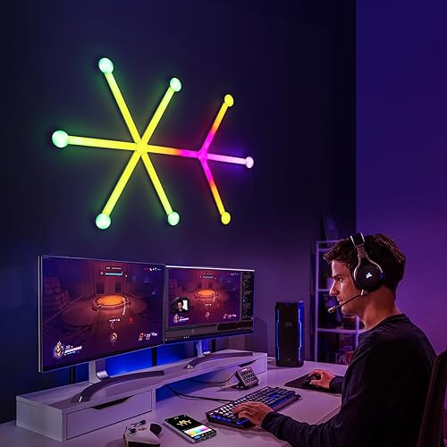 Miniatura 9 de Luz de pared RGB, luces LED de empalme de geometría para juegos, luces modulares retroiluminadas con Wi-Fi que cambian de color, luces de decoración