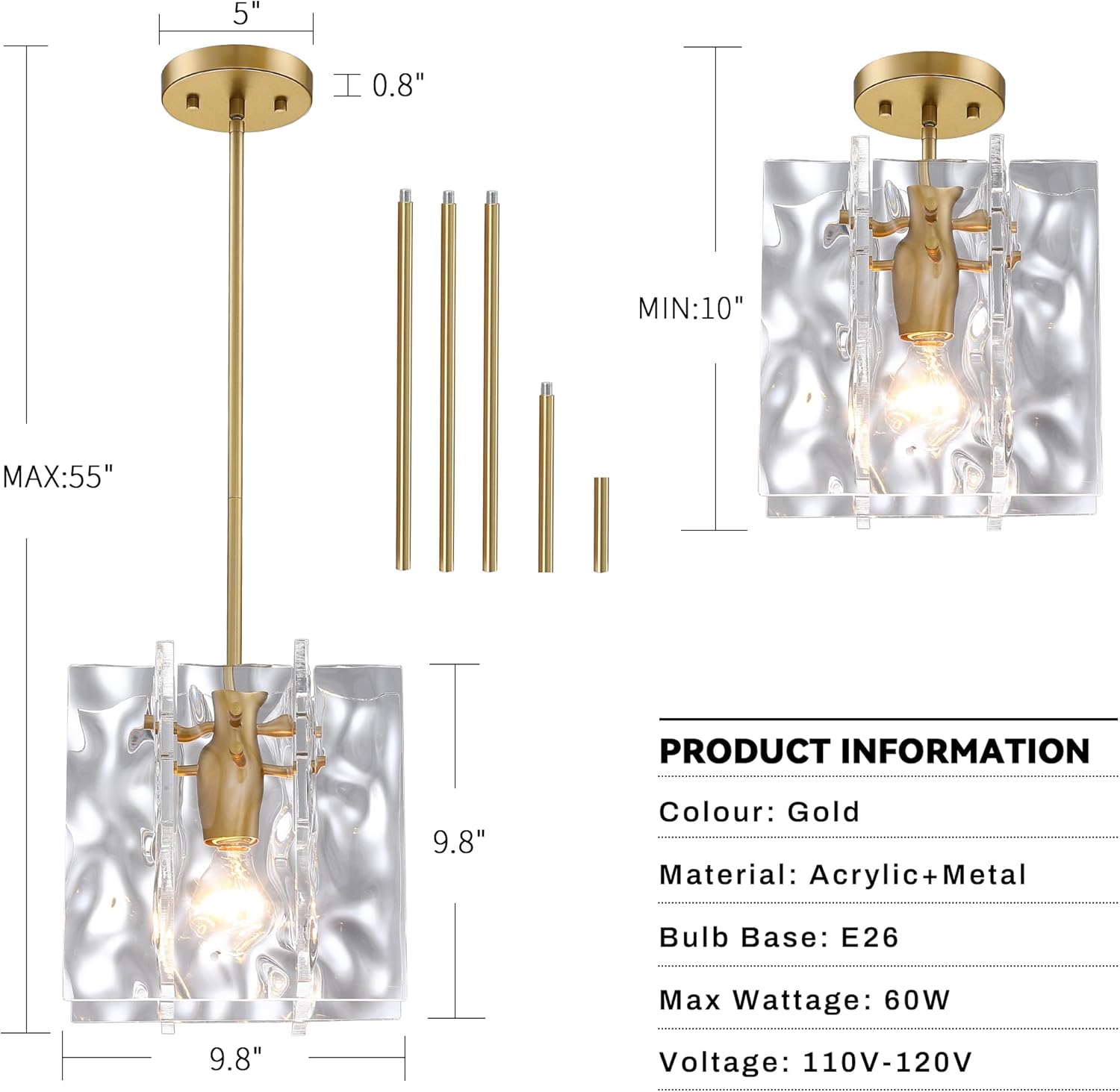 Untrammelife 1-Light Gold Pendant Light, Modern Contemporary Square Water Ripple Acrylic Shade Lighting Fixtures Chandeliers for Kitchen Island, Living Room, Dining Room, Bedroom