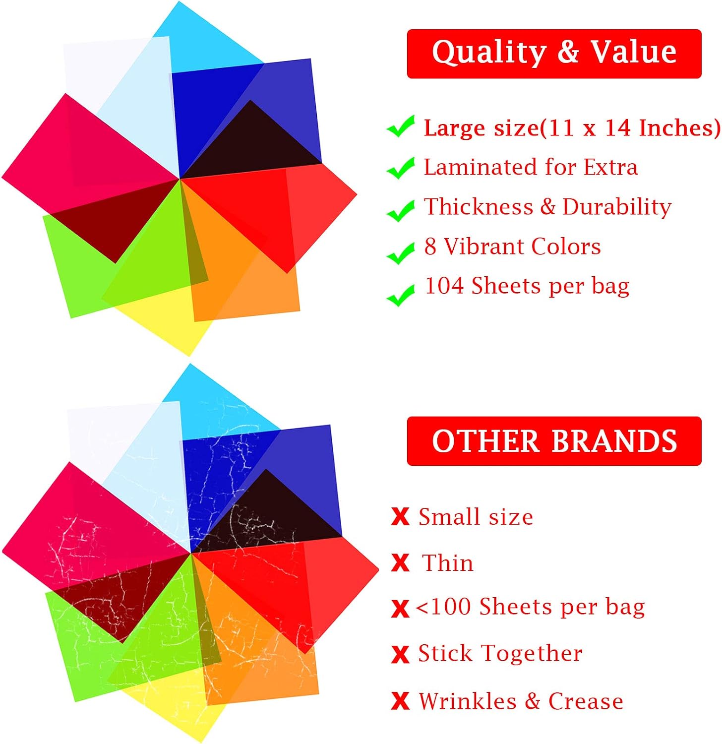 Outus 104 Pcs Colored Cellophane Sheets Cellophane Wrapping Paper for Lights Filter DIY Arts Crafts, Packaging Small Gifts, Candy Wrapping(Multicolor,14 x 14 Inch)
