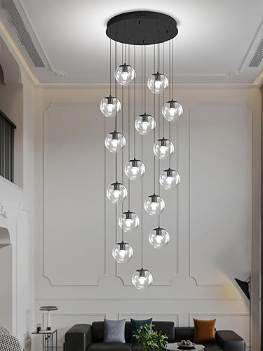 Miniatura 43 de Lámpara Colgante de Globo de Vidrio de 6 Luces Moderna Candelabro de Globo de Vidrio Gris Humo Grandes Candelabros para Techos Altos Entrada Luz