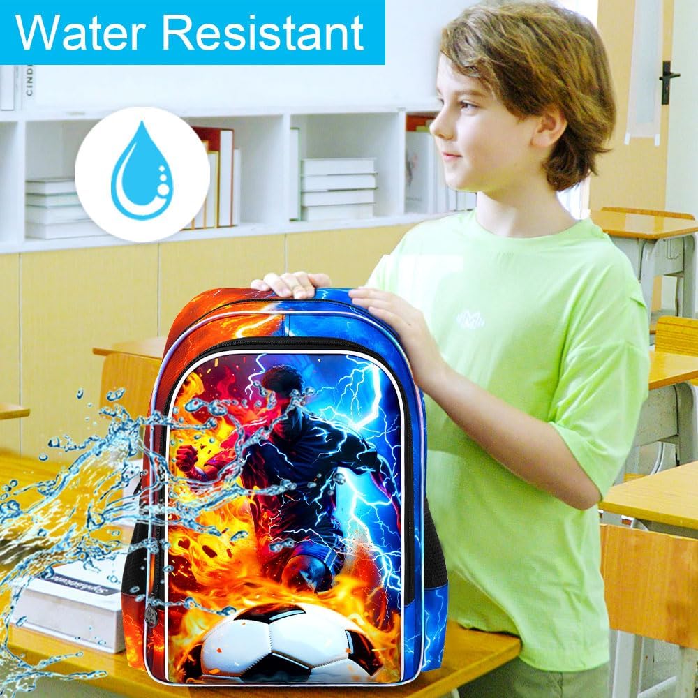 AGSDON 3PCS Boys Backpack for Boys, 17" Kids Bookbag with Lunch Box for Boy,Soccer Flame Thunder Backpacks Water Resistant and Lightweight for Teen