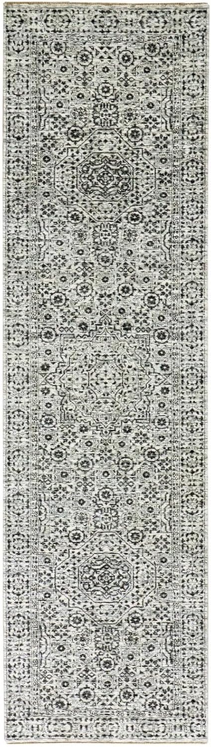 Paris White Mamluk Dynasty Tone on Tone Design Undyed 100% Wool Hand Knotted Runner Rug (2'9"x10')