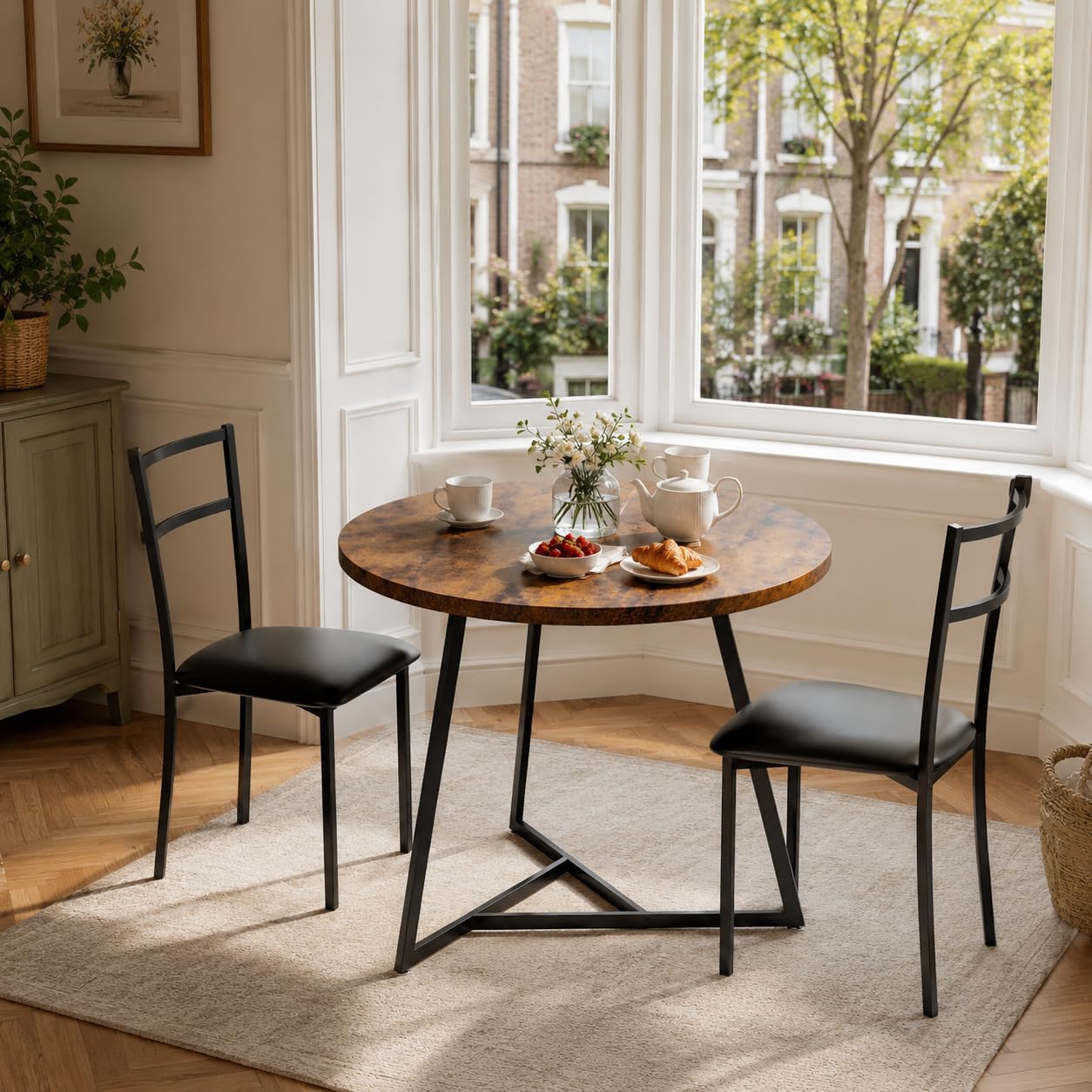 GarveeMore 3 Piece Dining Table Set for 2, Round Kitchen Table and 2 Upholstered Chairs, Space Saving Bistro Set for Small Space, Studio Flat, Apartment, Home Office, Rustic Brown Finish