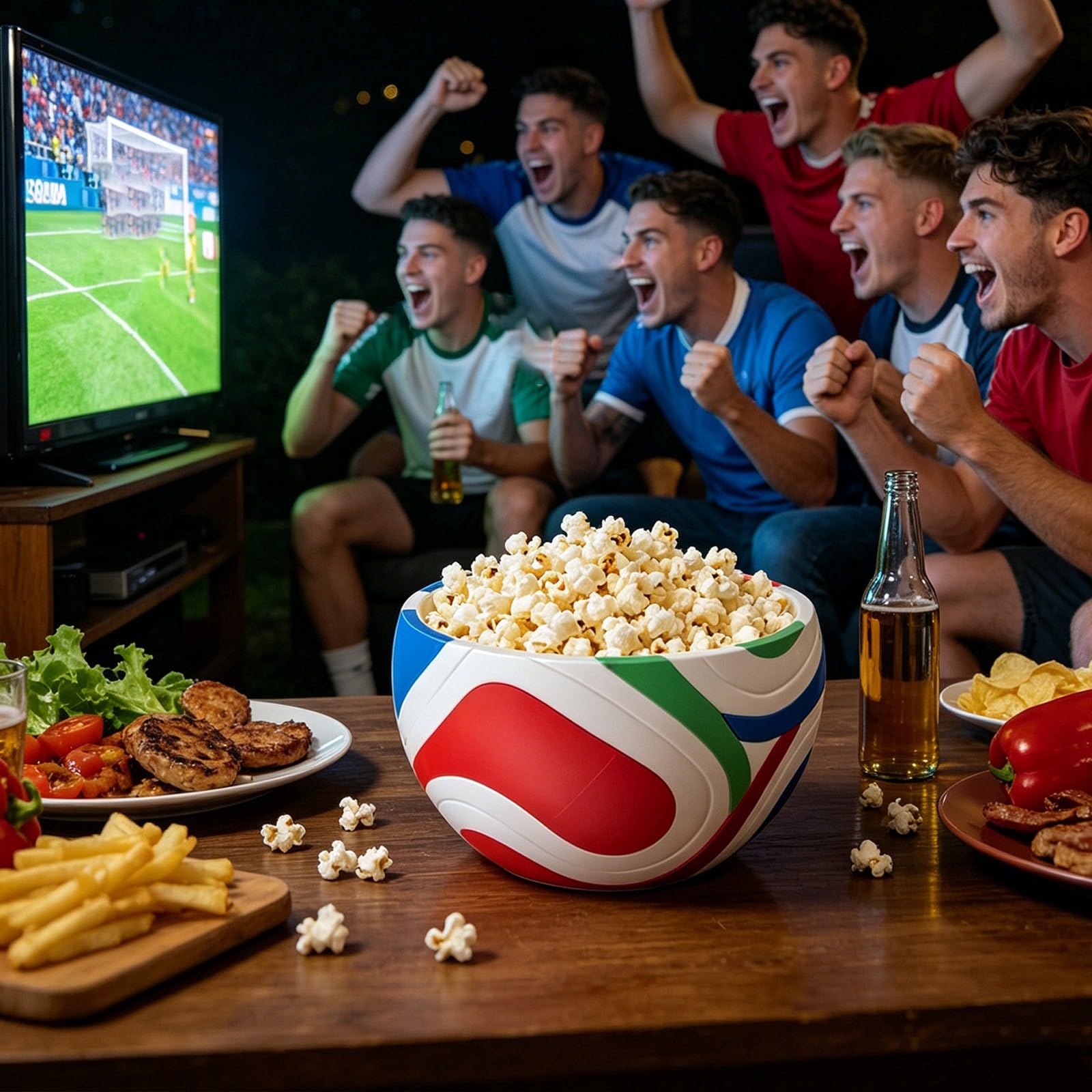 Ciotola per snack in plastica riutilizzabile a forma di calcio per popcorn per feste ed eventi sportivi per servire patatine fritte, noci, snack, regalo per gli appassionati di calcio