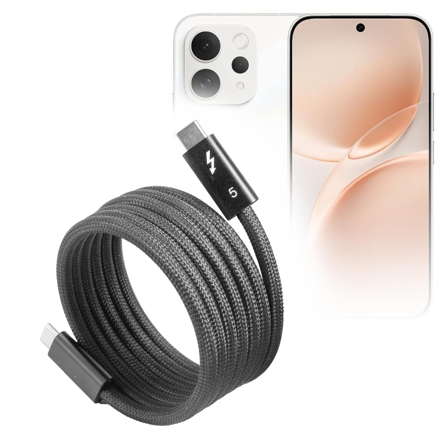 BoxWave Cable Compatible with vivo S50 - SnapWrap Thunderbolt 5.0 Cable (5ft 240W), Magnetic Self-Coiling Nylon Braided Retractable - Jet Black