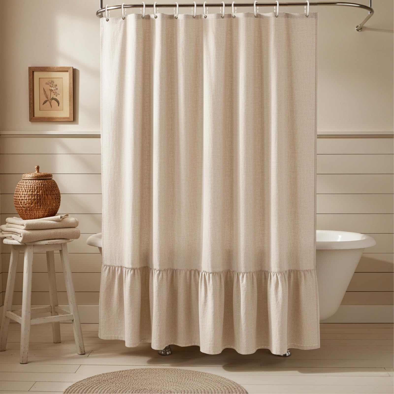 Tenda da Doccia in Lino Beige 180x200 cm – Impermeabile, Antimuffa e Antibatterica, Tessuto Pesante 180GSM con Orlo Zavorrato, Lavabile Tenda da doccia, con 12 Ganci per Bagno