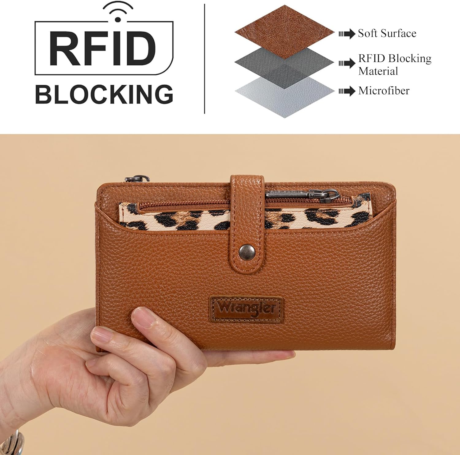 Montana West X Wrangler Brown Wallet for Women Leopard Print RFID Wallets Bifold Women's Wallets Western Credit Card Cash Wallets Ladies Female Clutch Wallet with Double Coin Purses - Image 4