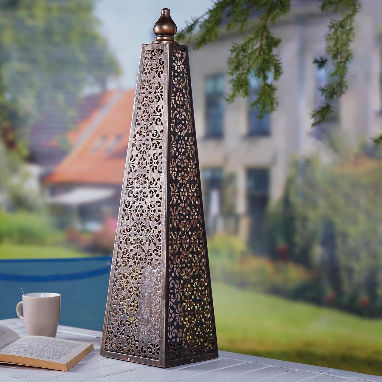Mysmartbuy.com Bronze Battery Powered Moroccan Style Pyramid Lantern Lamp – 8 Lumen Weatherproof Effect Freestanding Indoor Outdoor Home Garden Led Light For Table, Patio, Deck, Pathway, Balcony, Yard – H60 X 15Cm
